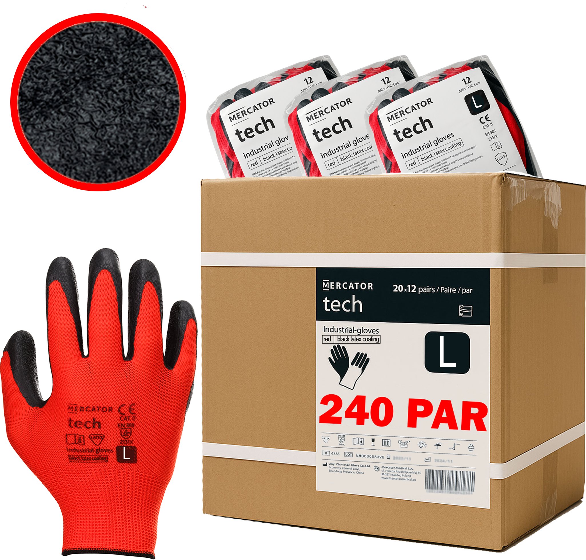 Rękawice Robocze MERCATOR Tech Red+Black Latex - 240 Par (9 - L)