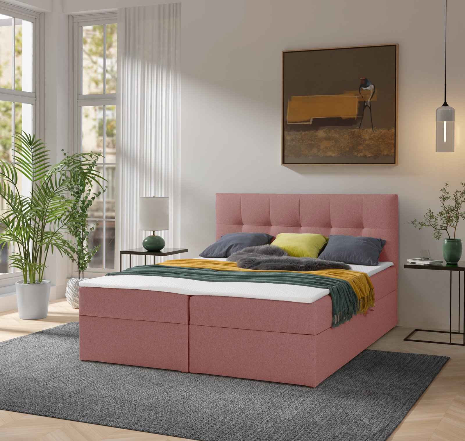 Łóżko kontynentalne Toronto 180200 (Herbi 70 - Różowy) z materacem bonell i topperem