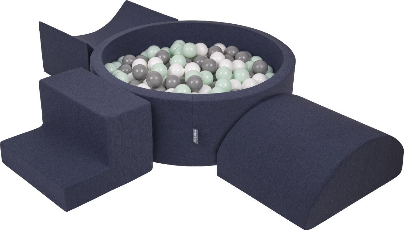 KiddyMoon KiddyMoon Piankowy plac zabaw PPZP-OK30D-134 z piłeczkami granatowy: biały-szary-mięta basen 300/rampa L/półwałek L/schodek Zabawka plac zab