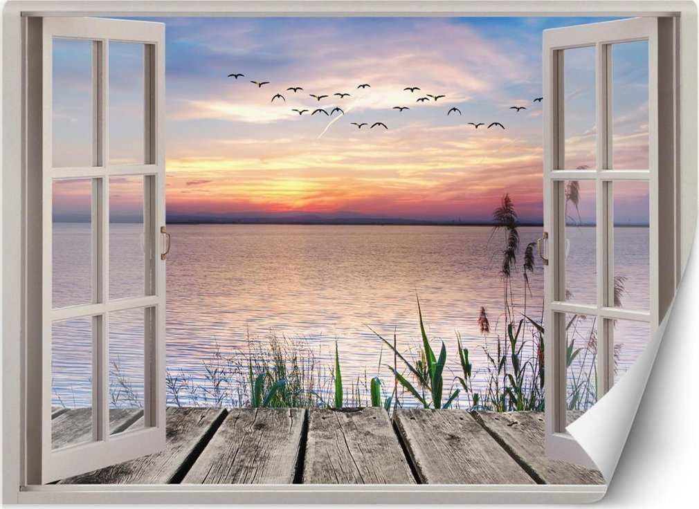 Feeby Fototapeta, Okno z widokiem na zachodzące słońce - 140x100