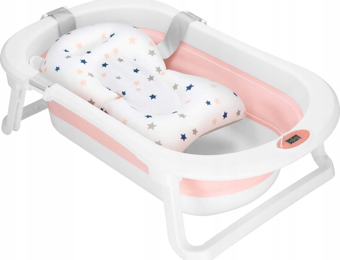 Wanienka dla niemowląt silikonowa, składana 40 L z poduszką i termometrem różowo-biała UNIWERSALNY