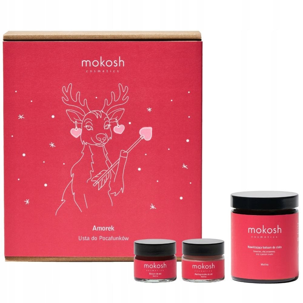 MOKOSH_SET Amorek Usta do Pocałunków balsam do ust 15ml + peeling do ust 15ml + nawilżający balsam do ciała 180ml