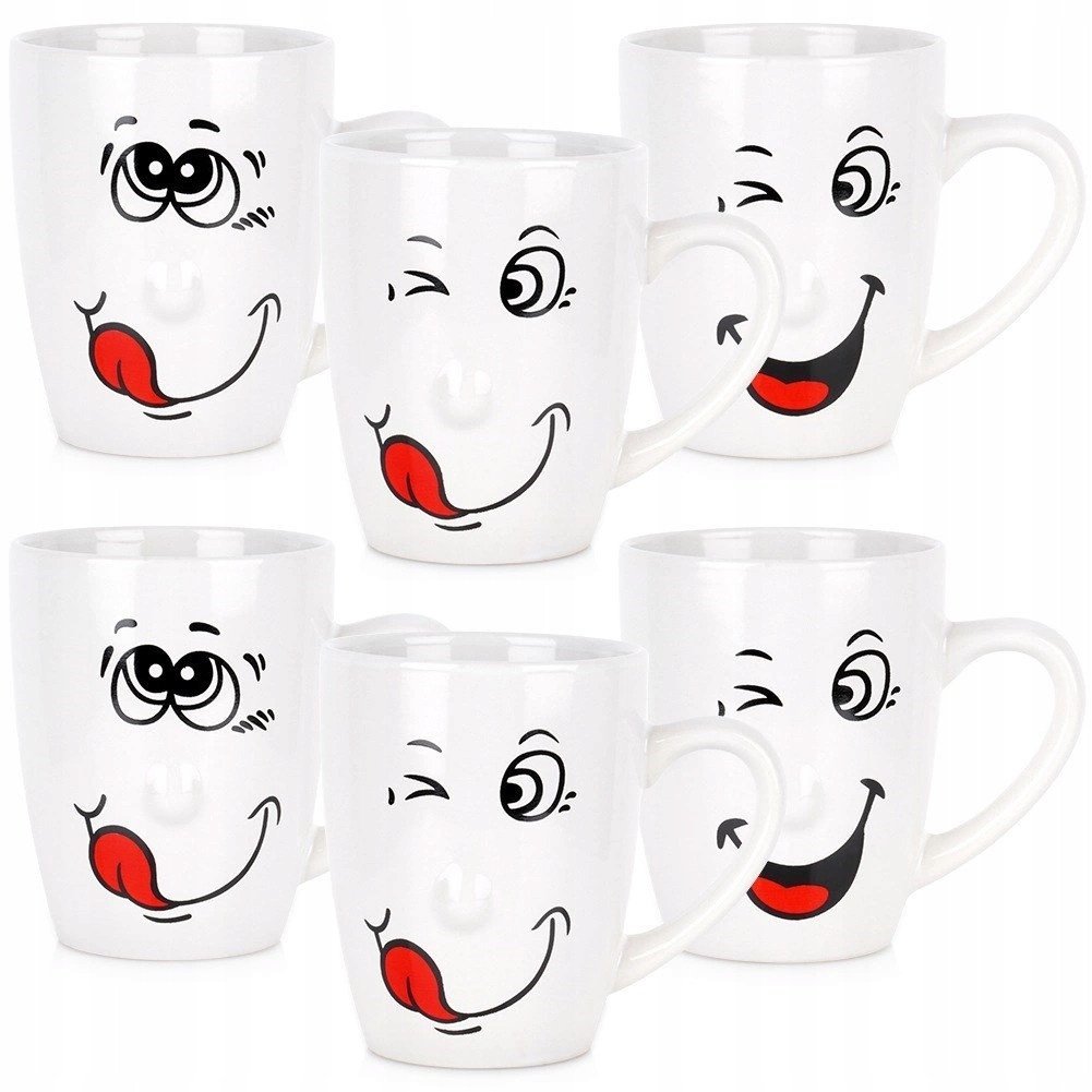 Zestaw Kubki Ceramiczne Białe Zabawne Buźki do Kawy Herbaty ORION 6 szt.