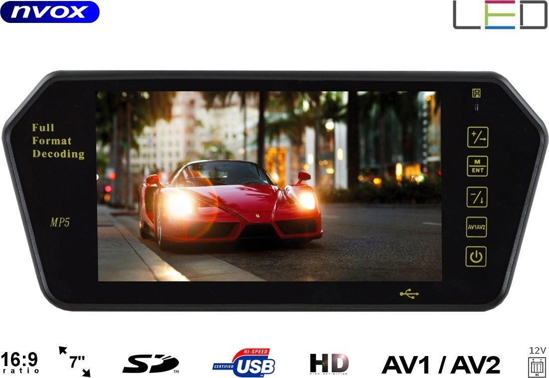 Nvox Monitor samochodowy cofania LCD 7cali cali w lusterku wstecznym USB SD AV 12V... (NVOX NW701MP5)