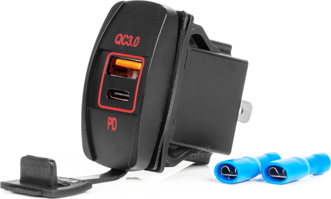 Ładowarka AMiO Ładowarka samochodowa z gniazdami usb wodoodporna w kształcie łódki usb + usb-c qc3.0 12v 24v amio-04229