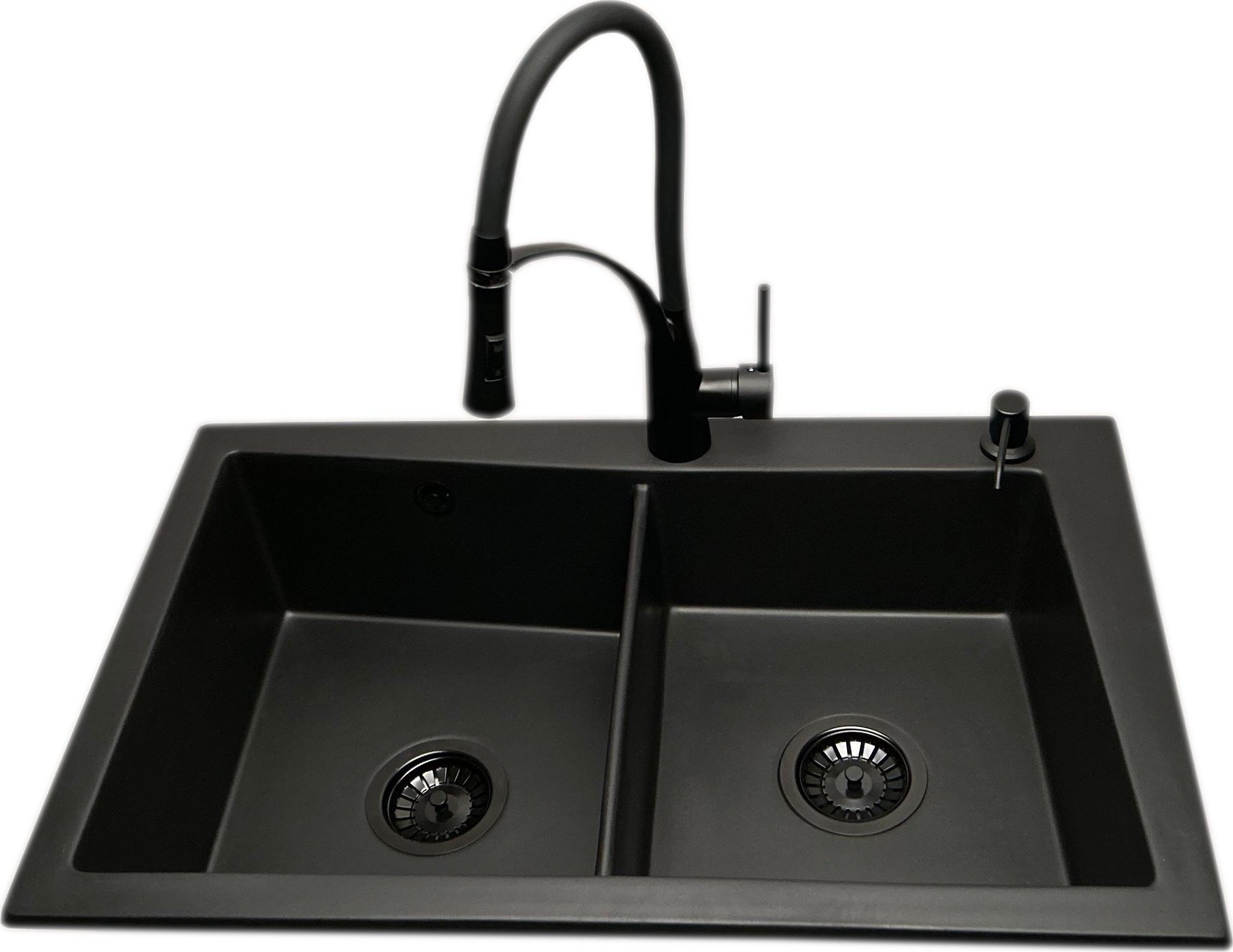 Zlewozmywak PREHNIT Zlewozmywak 2 komorowy EVOLUTION czarny + bateria czarna NEXO + dozownik