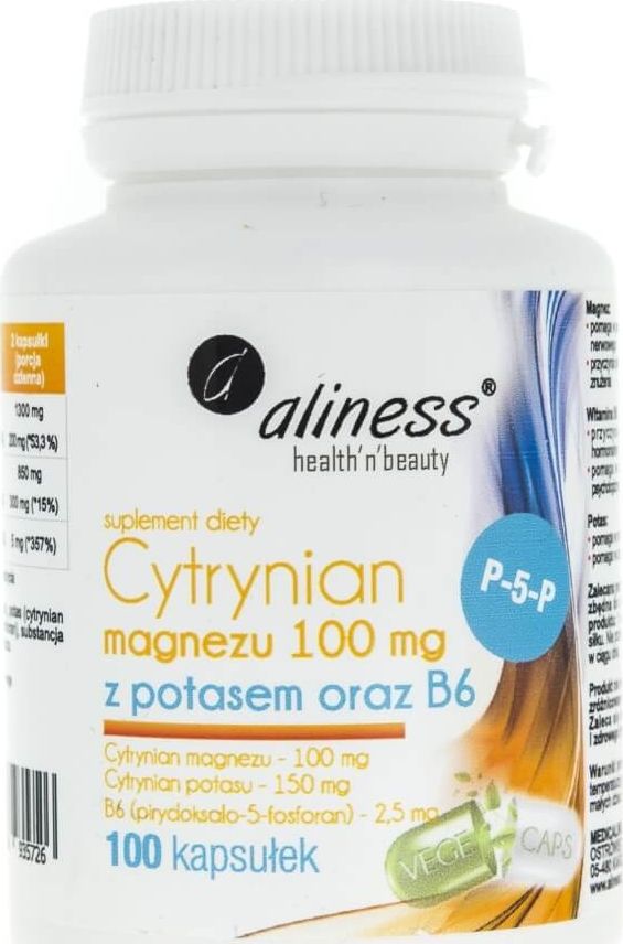 Aliness Aliness Cytrynian Magnezu z potasem oraz B6 (P-5-P) - 100 kapsułek