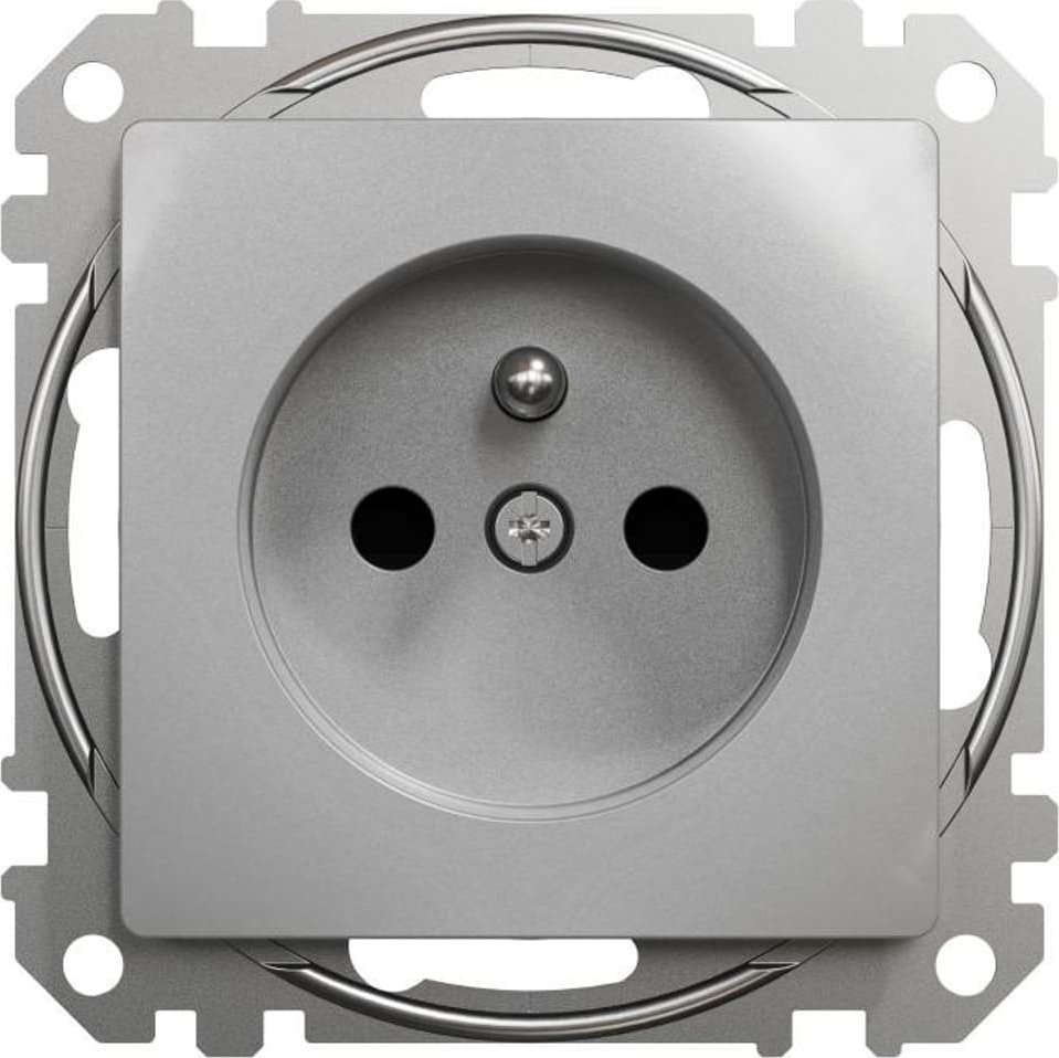 Schneider Electric Sedna Design, Gniazdo 2P+PE z przesłonami (zaciski bezgwintowe), srebrne aluminium
