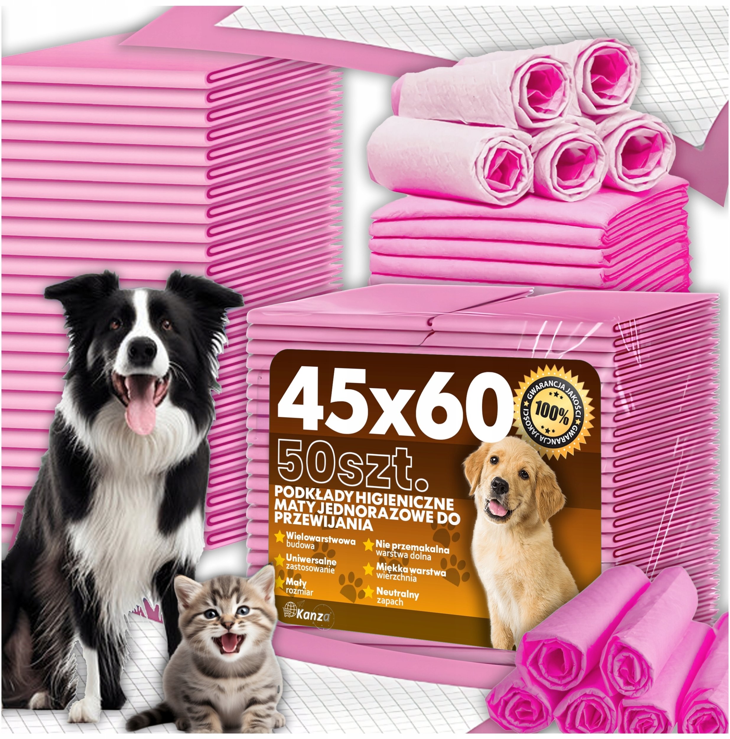 PODKŁADY DLA PSA RÓŻOWE 40X60 50szt KANZA