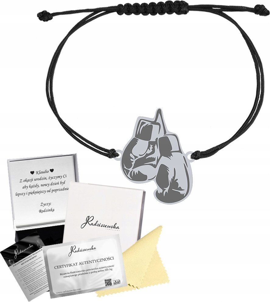 Radziszewska Jewellery Bransoletka Srebrna Rękawice Bokserskie Sznurek 925 Prezent GRAWER GRATIS