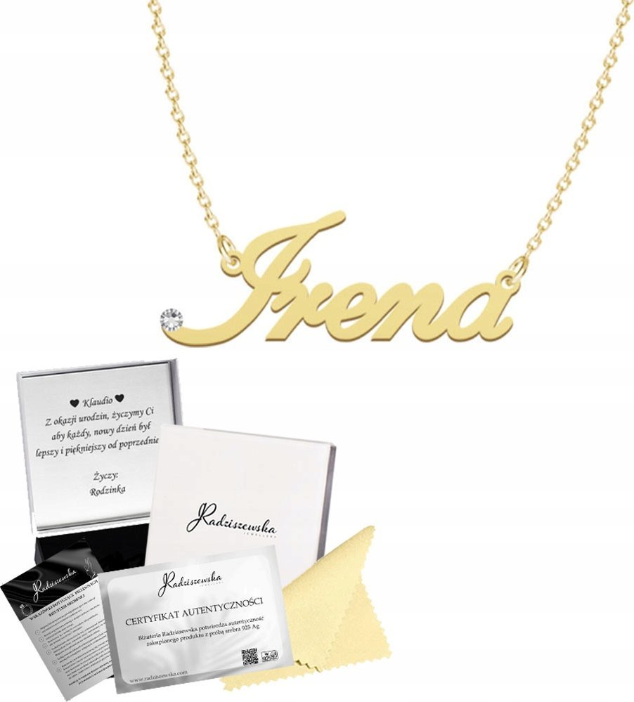 Radziszewska Jewellery Złoty Naszyjnik z imieniem IRENA Łańcuszek SREBRO 925 PREZENT Dedykacja
