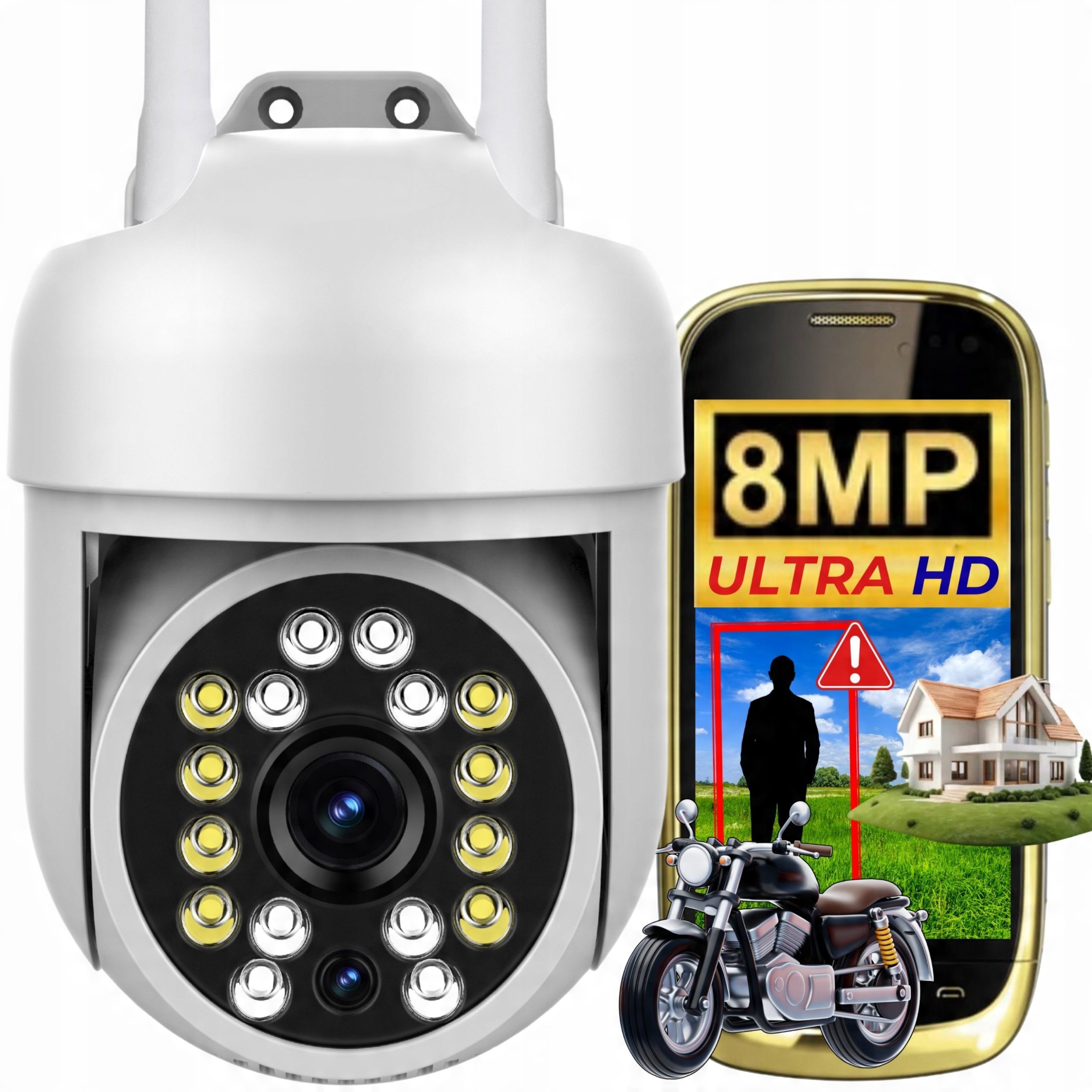Zewnętrzna Kamera Obrotowa 8MPx IP Wi-Fi ULTRA HD Funkcje AI Mikrofon BIAŁA