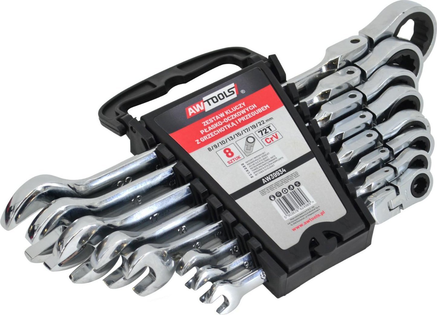 AWTOOLS KLUCZE PŁASKO-OCZKOWE Z GRZECHOTKĄ PRZEGUBOWE KOMPLET 8 szt. 8-22mm