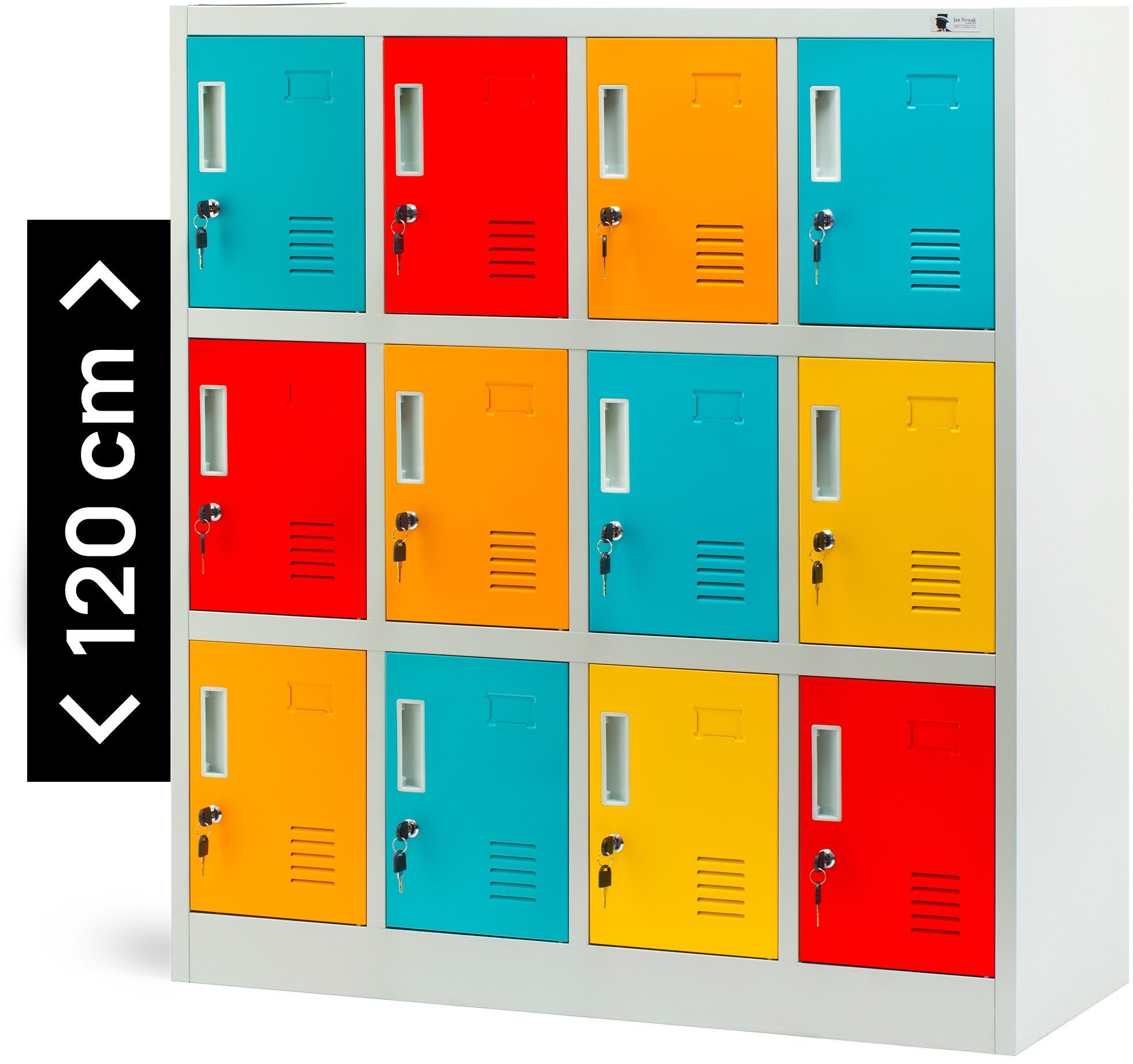 Socjalna szafa skrytkowa BHP do szkół i przedszkoli OLA, 1090 x 1200 x 450 mm, szaro-wielokolorowa