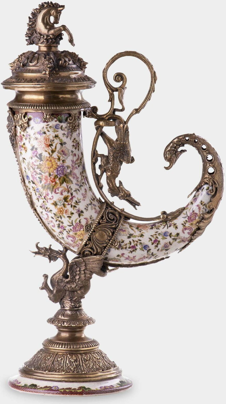 rzezbyzbrazu Porcelanowy Róg Obfitości Biały w Kwiaty Cornucopia okuta Brązem