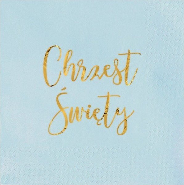 SERWETKI Chrzest złoty napis 33x33cm 20szt BŁĘKITNE
