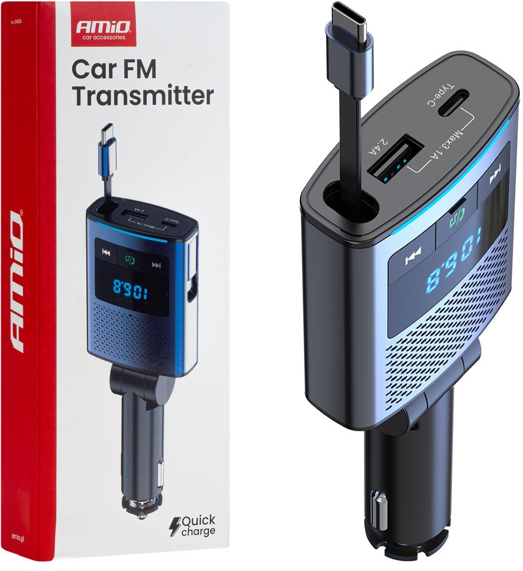 Transmiter samochodowy fm 1×usb-a 1×usb-c 12v 24v amio-04656