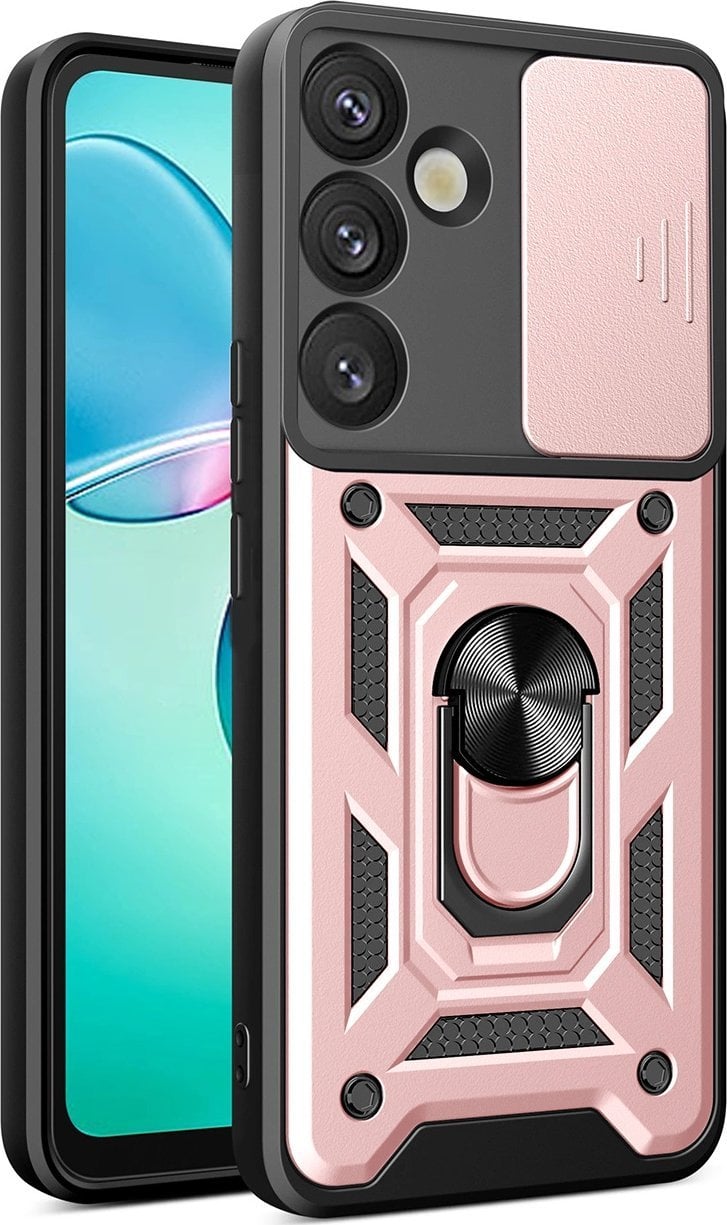 Etui pancerne Hybrid Armor Camshield z osłoną aparatu i metalowym ringiem do Samsung Galaxy S25+ - różowe