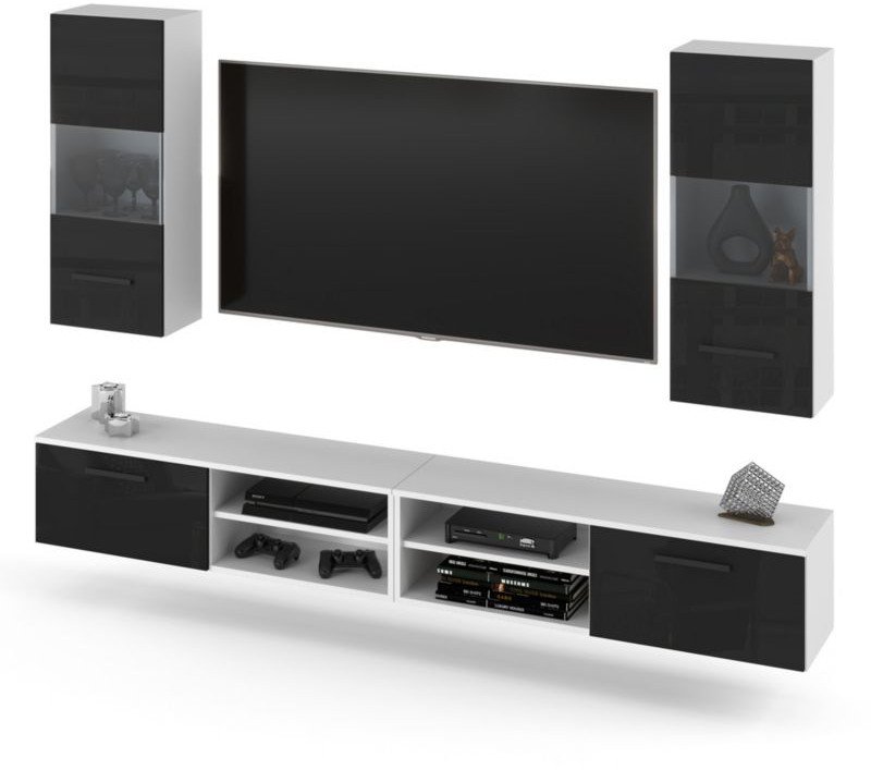 Meblościanka Zestaw Szafka Rtv Do Salonu Sypialni 240cm Biała Czarny Połysk