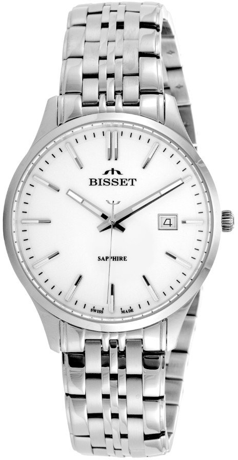 Szwajcarski zegarek męski Bisset BSDF38 szafirowe szkło srebrny srebrna tarcza