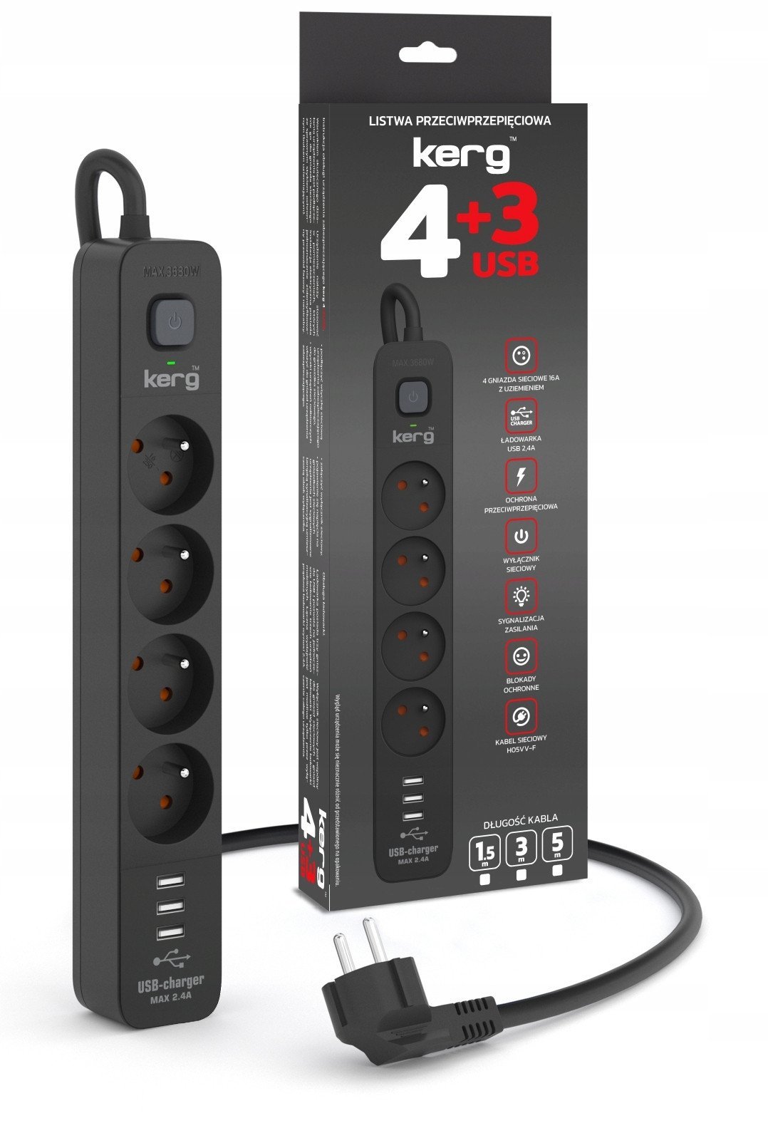 Listwa zasilająca KERG z wyłącznikiem-4 gniazda 3USB 16A 3m czarny