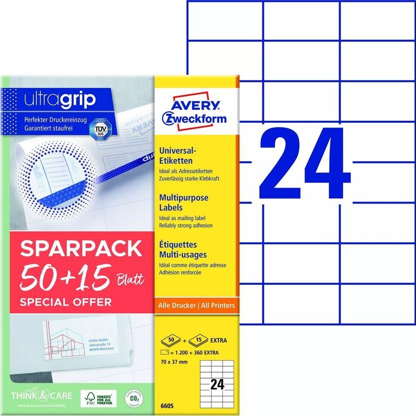 AVERY Universaletiketter Avery 70x37 mm, hvid med Ultragrip + 30% ekstra indhold - (65 ark x 24 stk.)