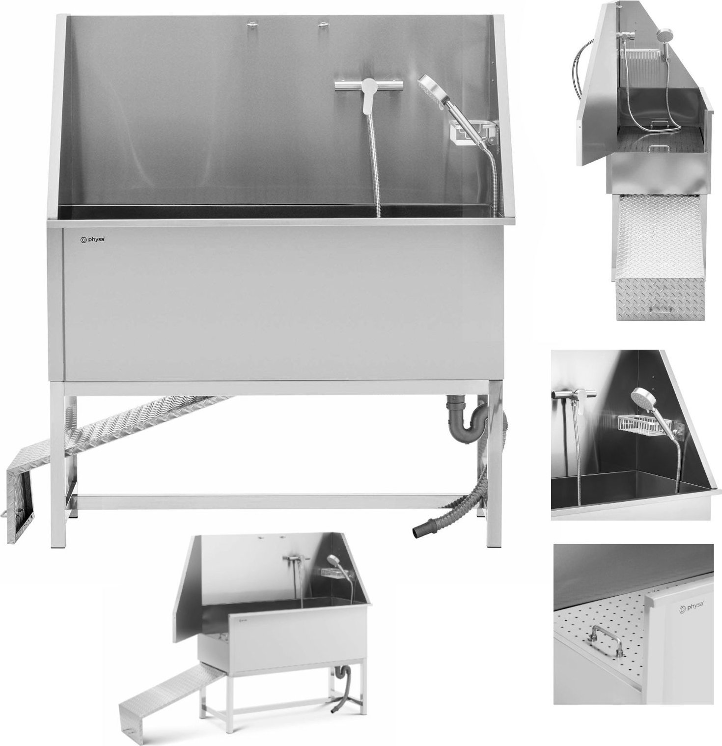 Physa Wanna groomerska do kąpieli mycia psów zwierząt z rampą 122 x 56 x 142 cm Wanna groomerska do kąpieli mycia psów zwierząt z rampą 122 x 56 x 142