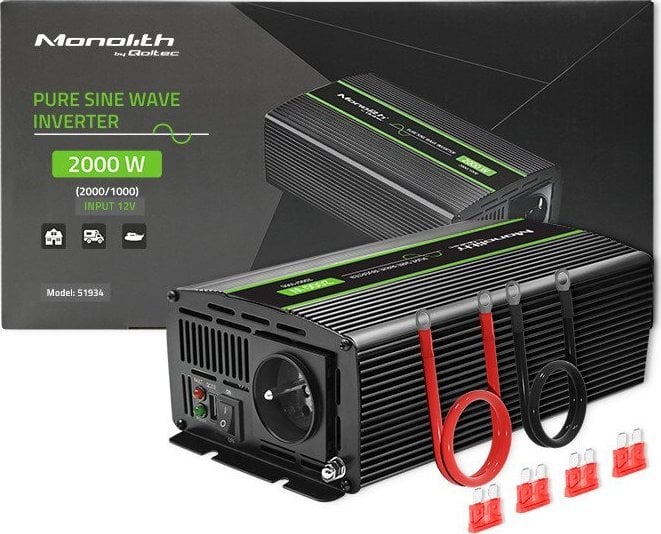 Przetwornica Qoltec Przetwornica napięcia Monolith | 1000W | 2000W | 12V na 230V | Czysty Sinus