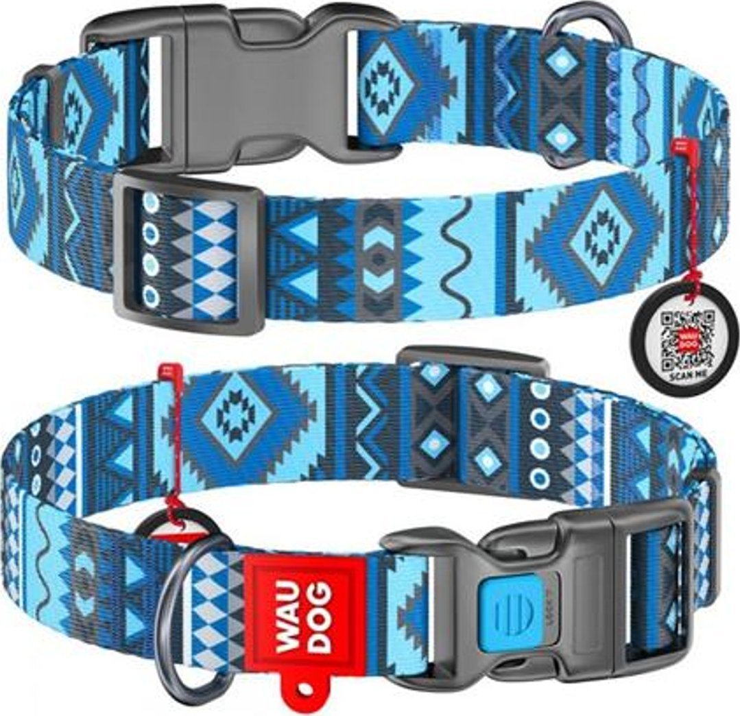 Collar WAU DOG OBROŻA NYLON Z ADRESÓWKĄ QR 10mm/20-30cm ETNO NIEBIESKI