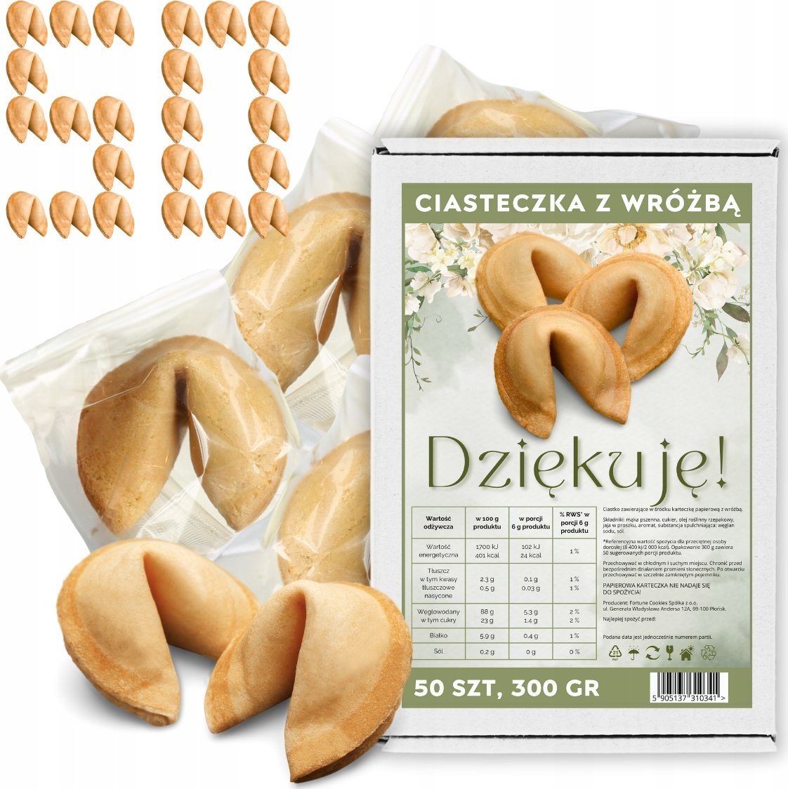 MagiaCiast Chińskie Ciasteczka z wróżbą Dziękuję dla gości Ciasteczka Szczęścia 50 szt