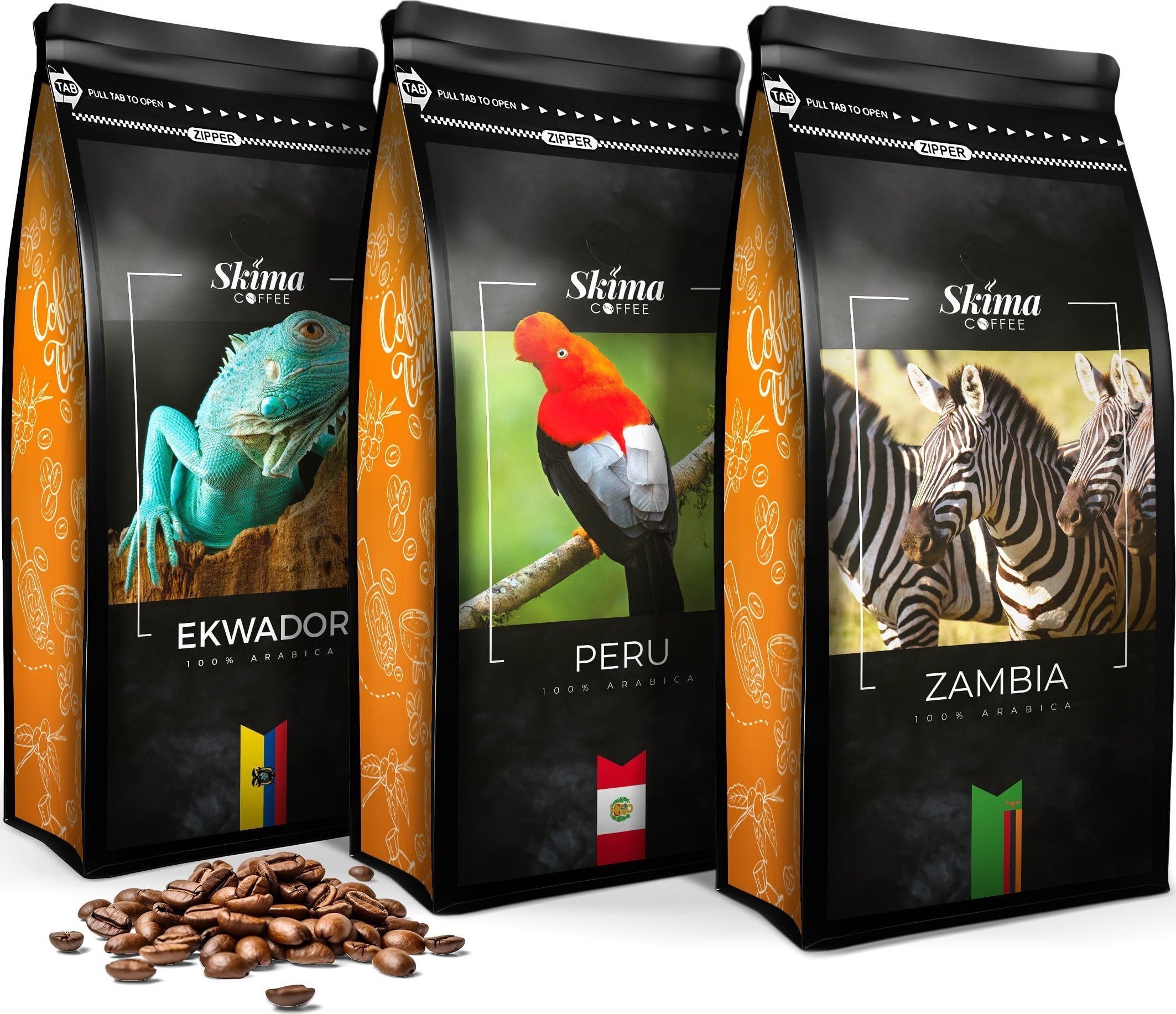 Zestaw Kawa ziarnista 1kgX3 ZAMBIA/PERU/EKWADOR Świeżo Palona do ekspresu + GRATIS