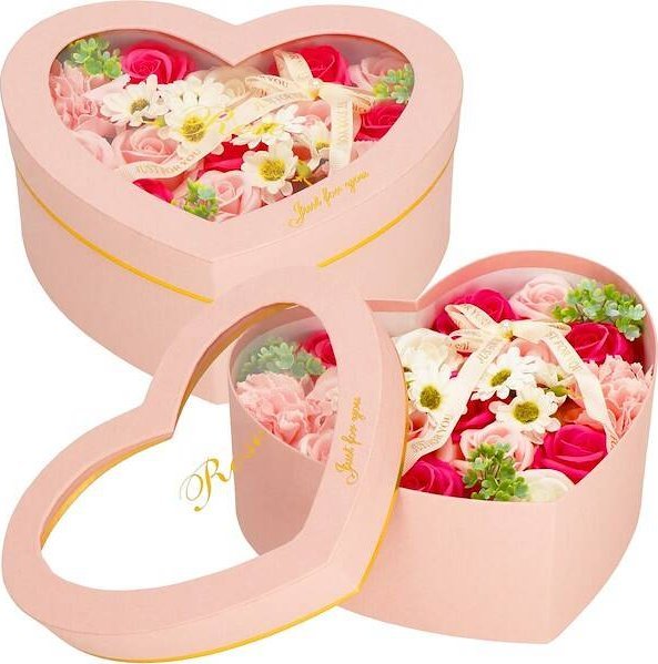 Springos Mydlane róże 24 szt. flower box zestaw kwiatów w pudełku serce różowe UNIWERSALNY