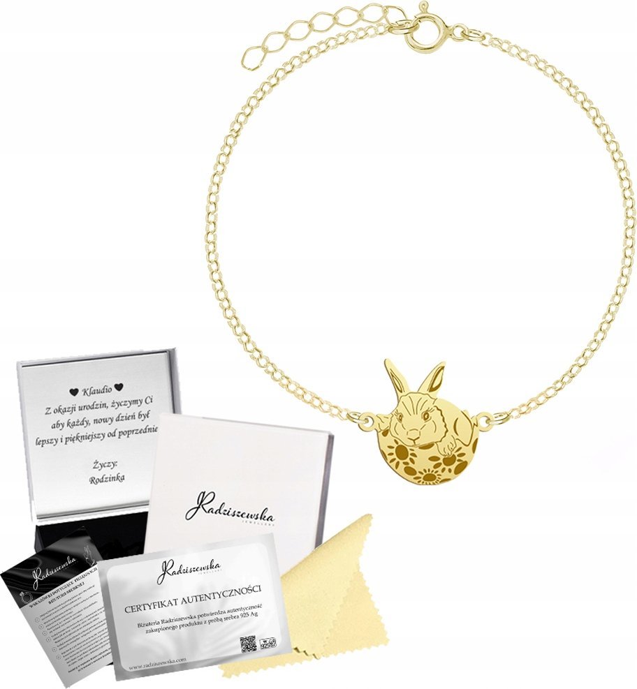 Radziszewska Jewellery Bransoletka Złota Zajączek Wielkanocny Łańcuszek SREBRO 925 GRAWER GRATIS