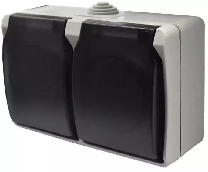 Düwi Gniazdo podwójne z uziemieniem natynkowe z klapką dymną Aqua Plus IP54 szaro-grafitowe