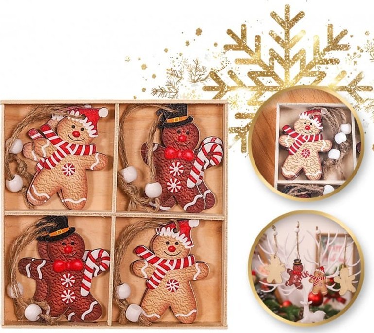 eCarla Komplet zawieszek choinkowych PIERNICZKI drewniane 12 sztuk w opakowaniu BSN46