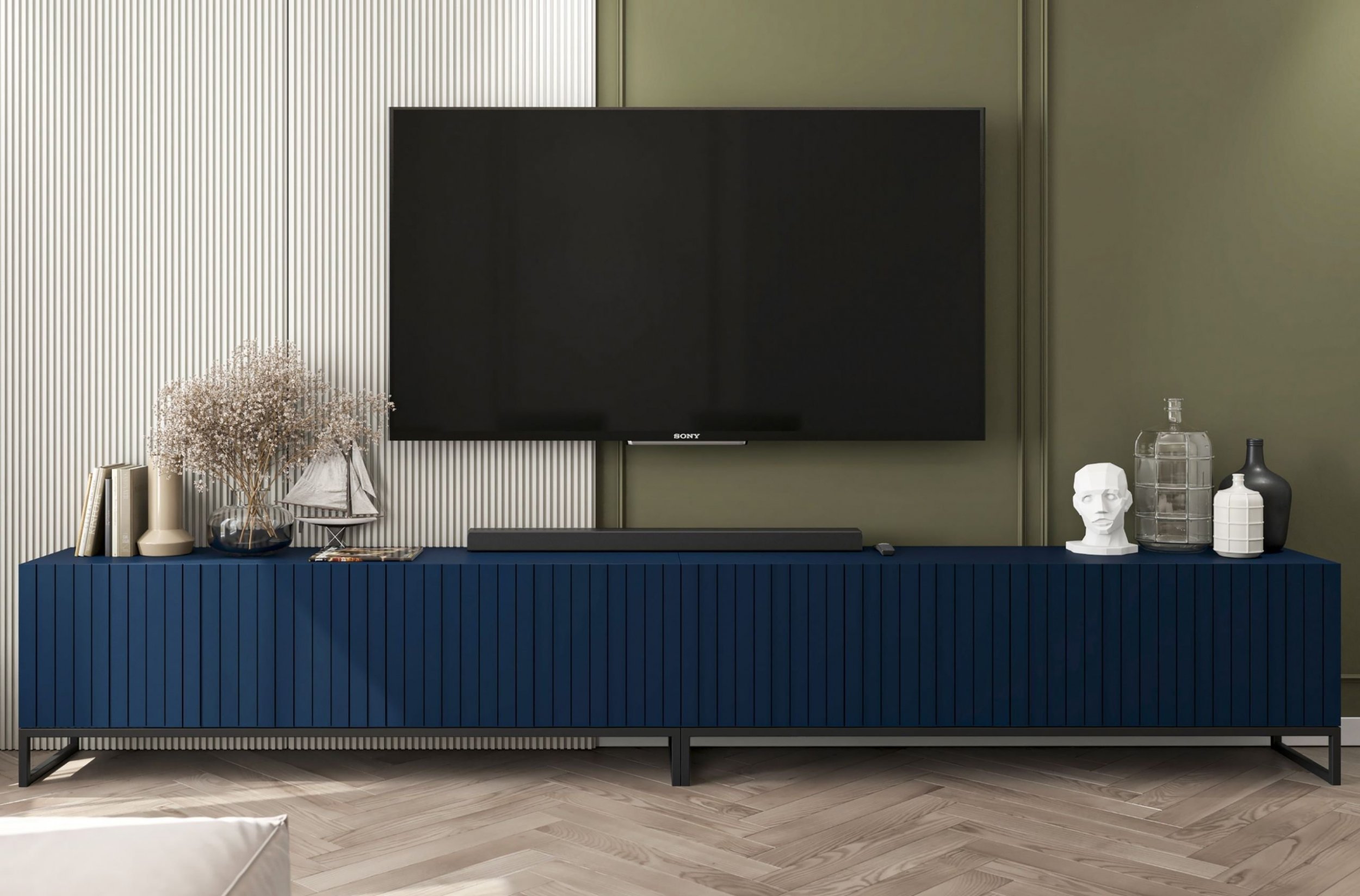 Meble Lindner Szafka RTV Loft pod Telewizor Granatowy MAT Nowoczesna Komoda RTV Loft Rama Czarna 300 cm