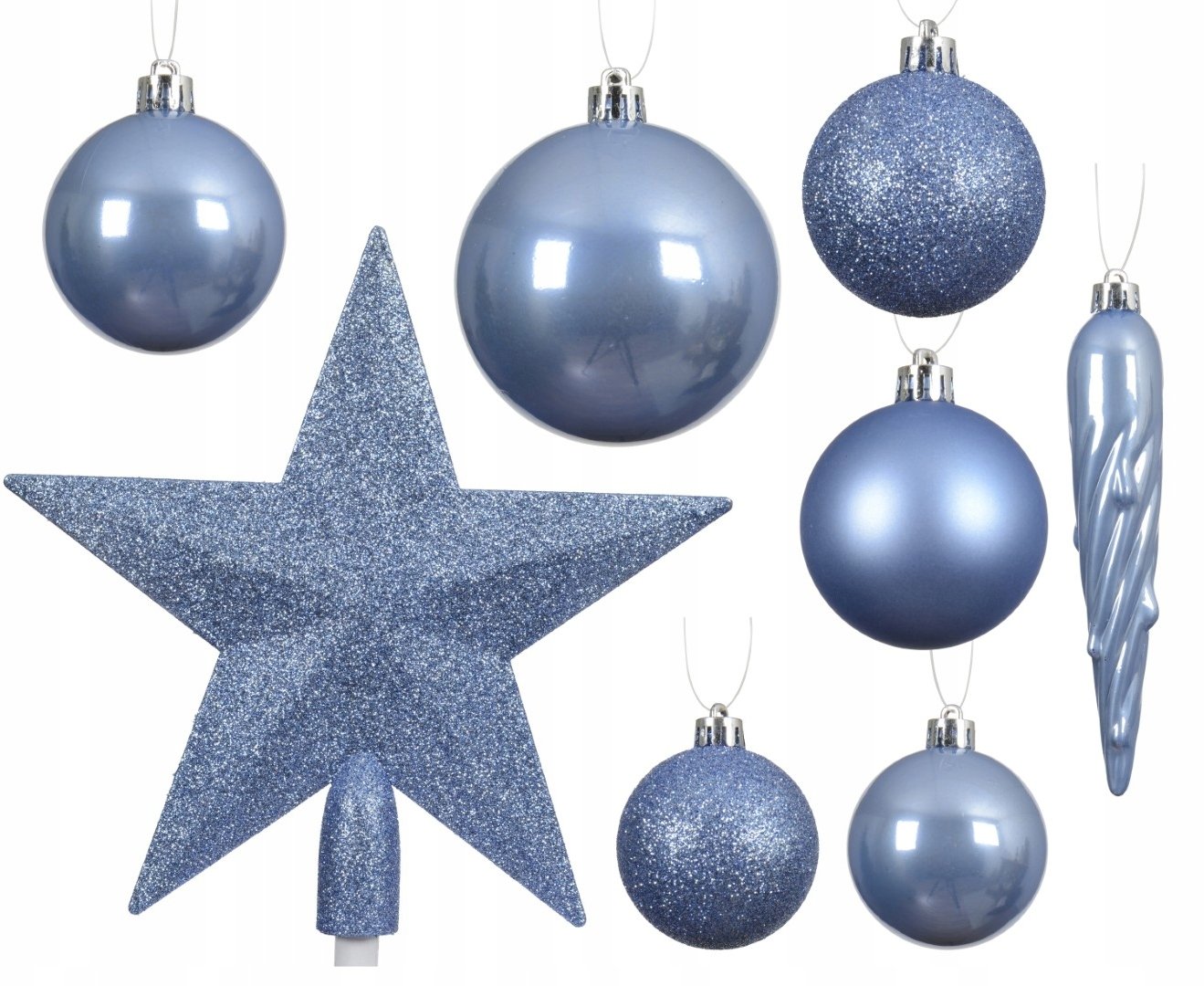 Zestaw 33 bombek choinkowych plastikowe różne kształty niebieskie