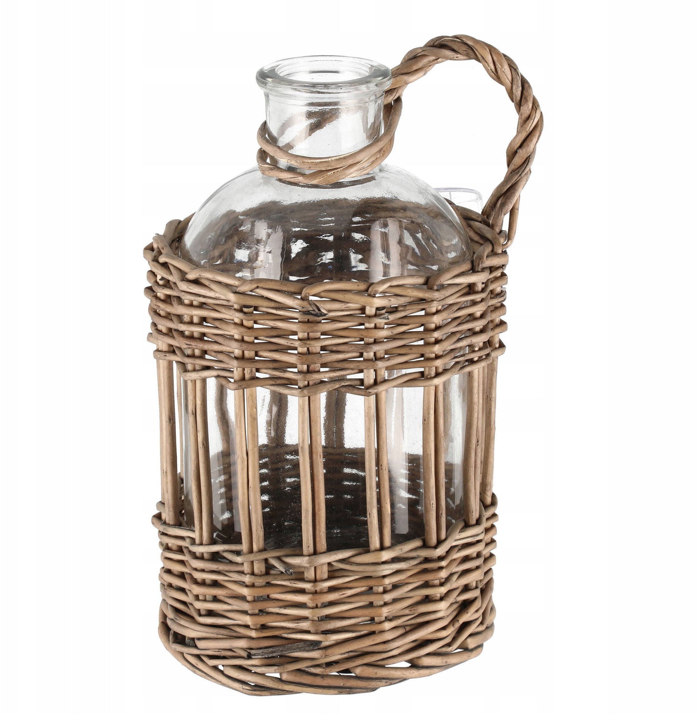 Szklana butelka z wiklinowym uchwytem, 20 cm