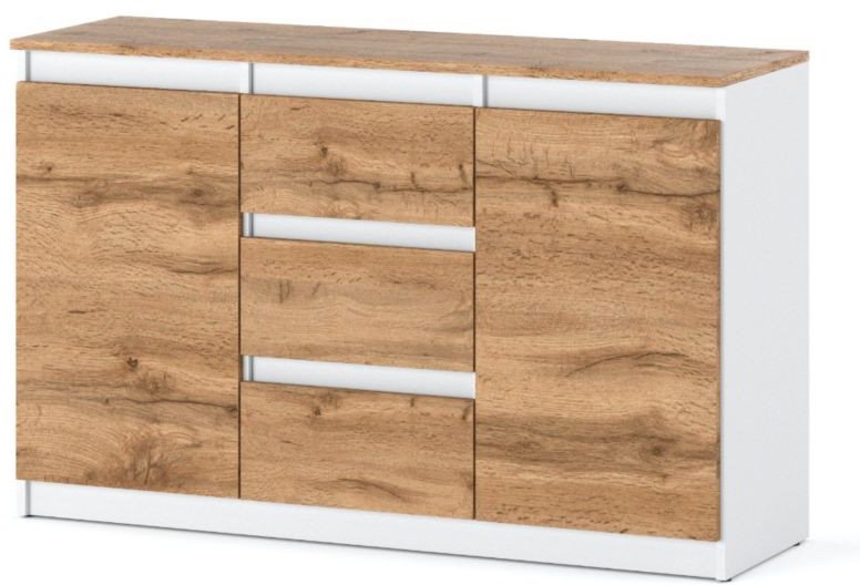 Komoda Biała Drewniana Do Salonu Agnes Plus 3 Szuflady 120cm Dąb Wotan