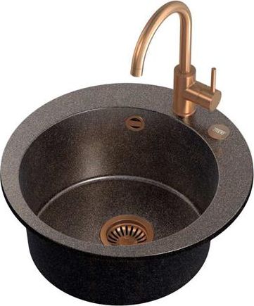 Zlewozmywak Steiner ART JAMES 210 (Ø51x20) Steingran Art Copper Black Pearl z syfonem manualnym, baterią Naomi i zaślepką - czarny opalizacja miedzian