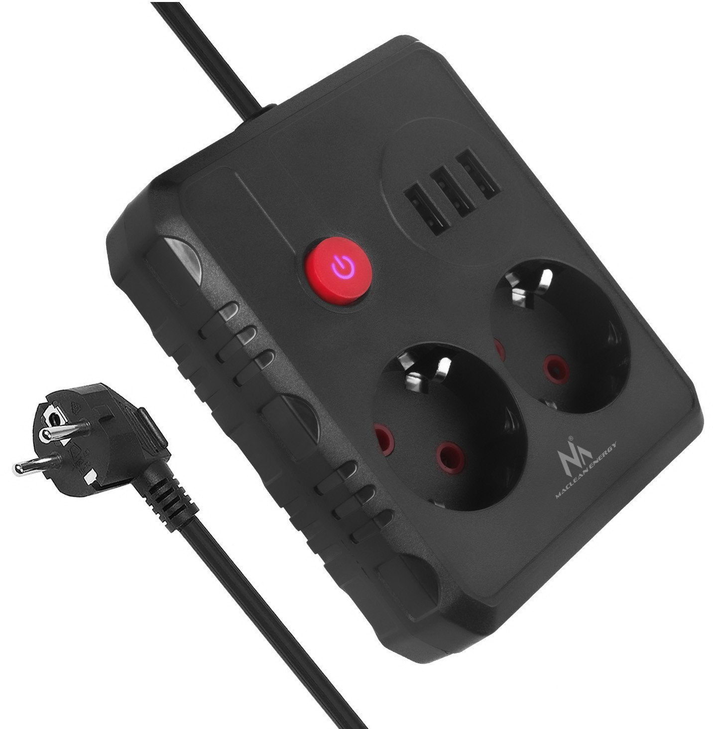 Listwa zasilająca Maclean, przedłużacz 2 gniazda + 3xUSB, 110-240V AC 50/60Hz, 2.1A max 2500W, 3 m, czarna, MCE388 B