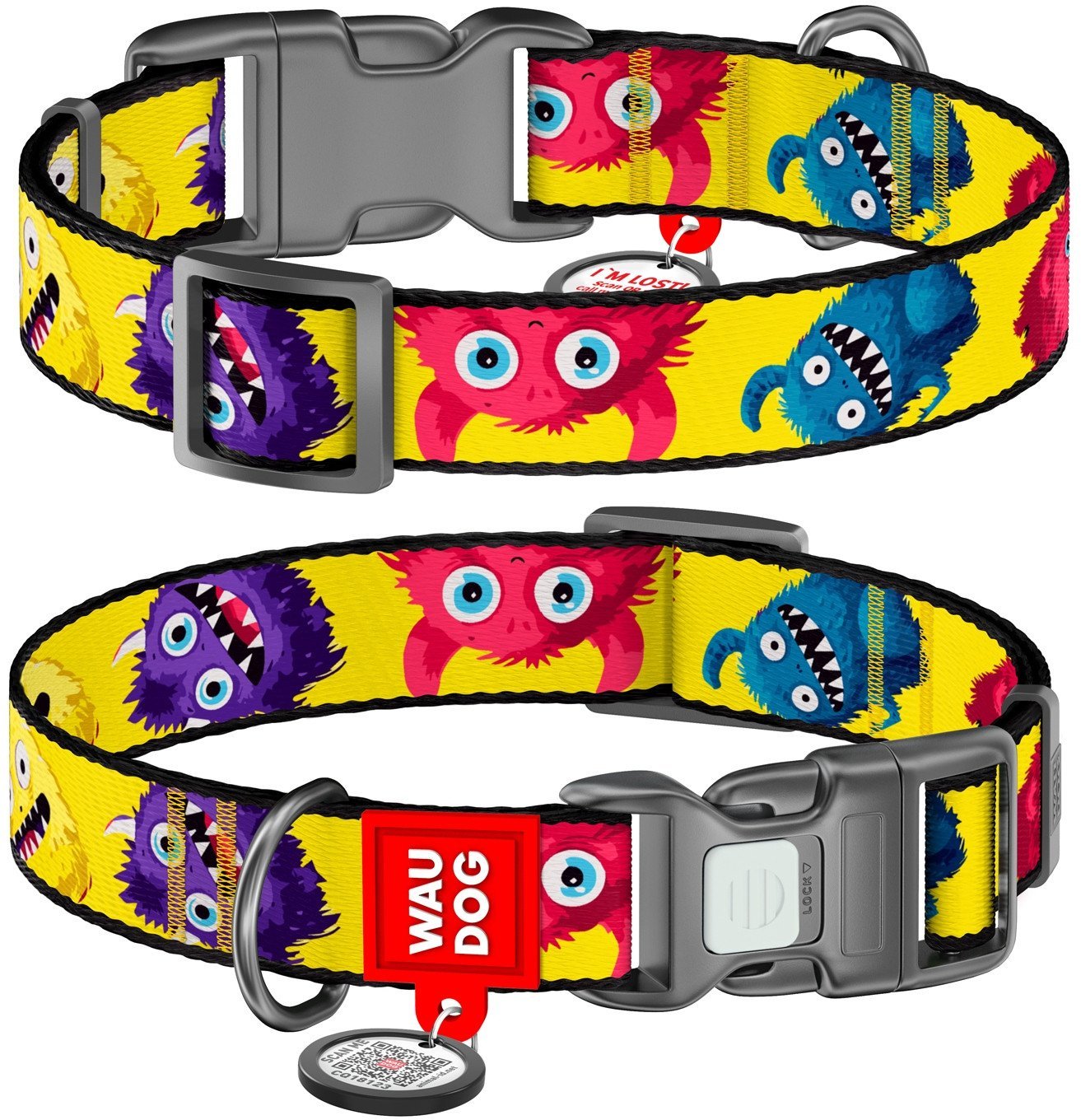 Collar WauDog Nylon Obroża nylonowa z QR-paszportem, plastikowy fastex, wzór FUTRZANE POTWORY, L 25mm/33-49cm