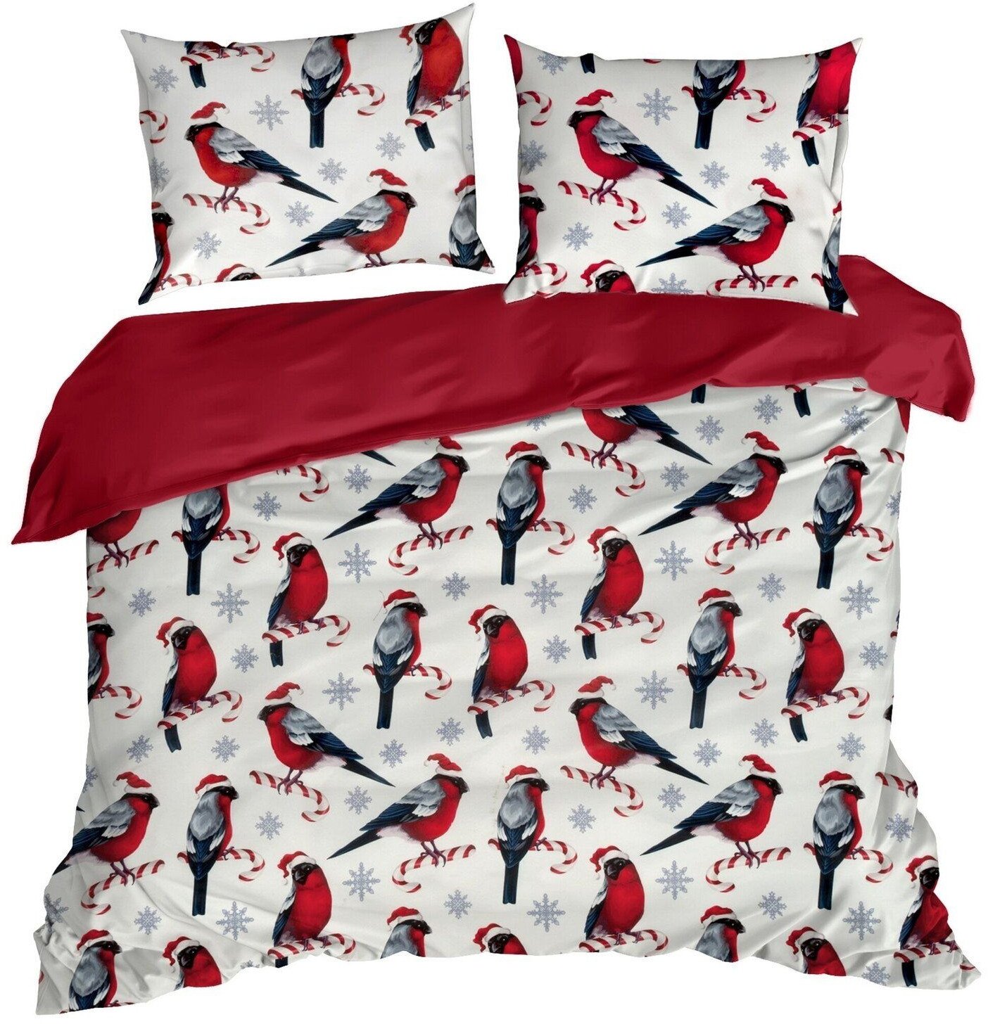 Pościel Melody 220x200 + 70x80 biały czerwony z nadrukiem świątecznym