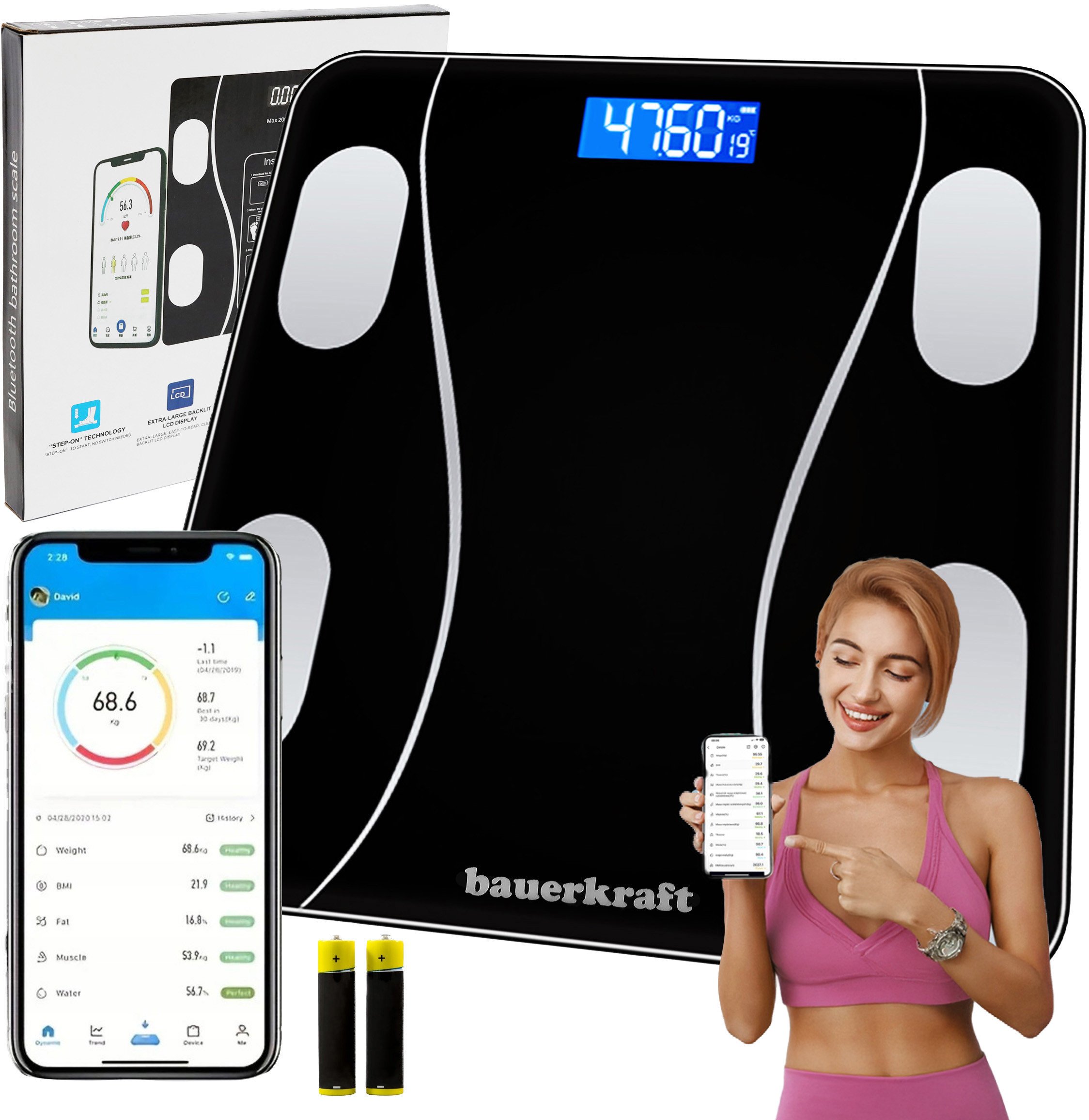 Waga łazienkowa analityczna inteligentna smart aplikacja do 180 kg