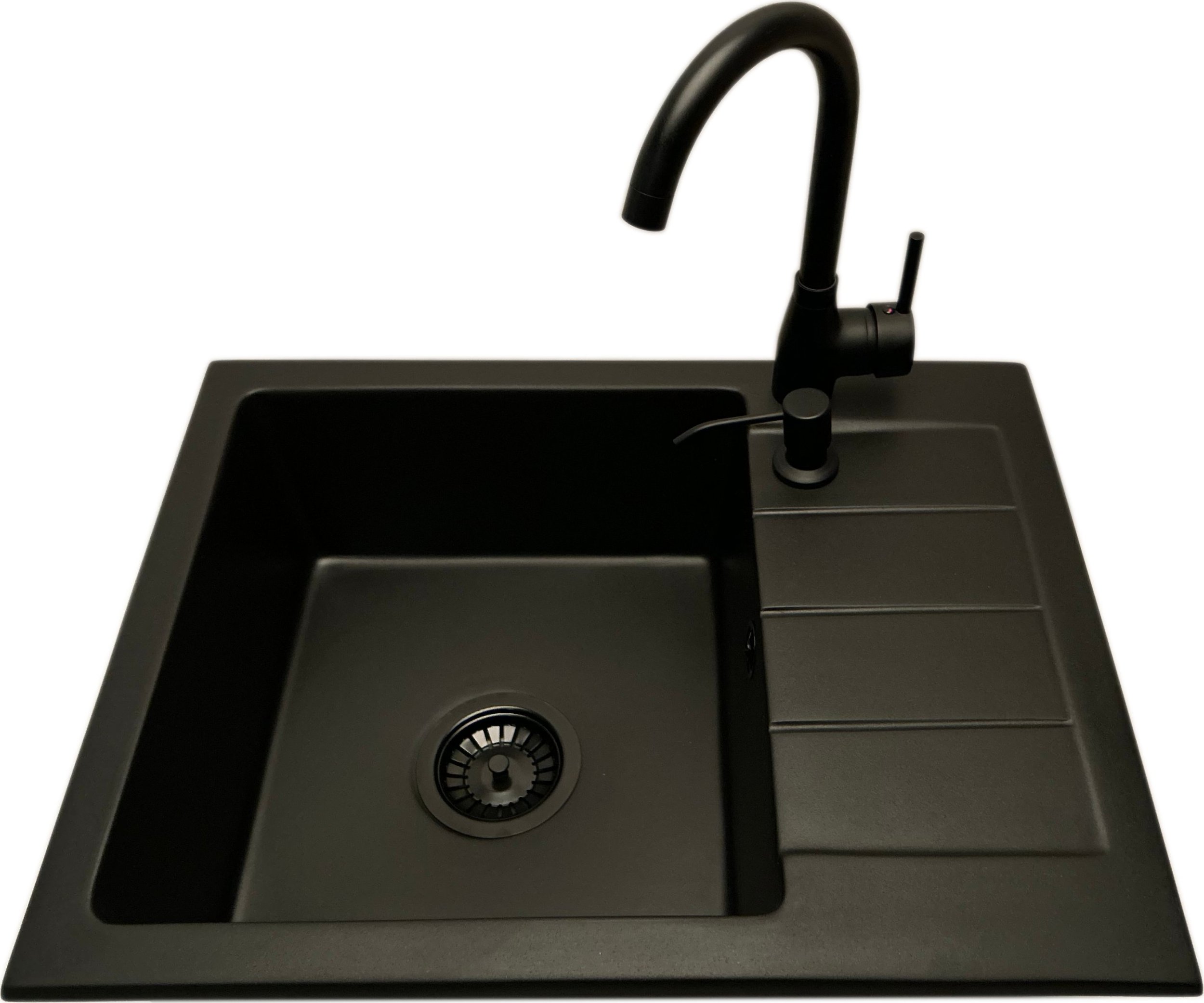 Zlewozmywak PREHNIT Zlewozmywak jednokomorowy z ociekaczem ADAL czarny z prawym ociekaczem + bateria LUNA + dozownik