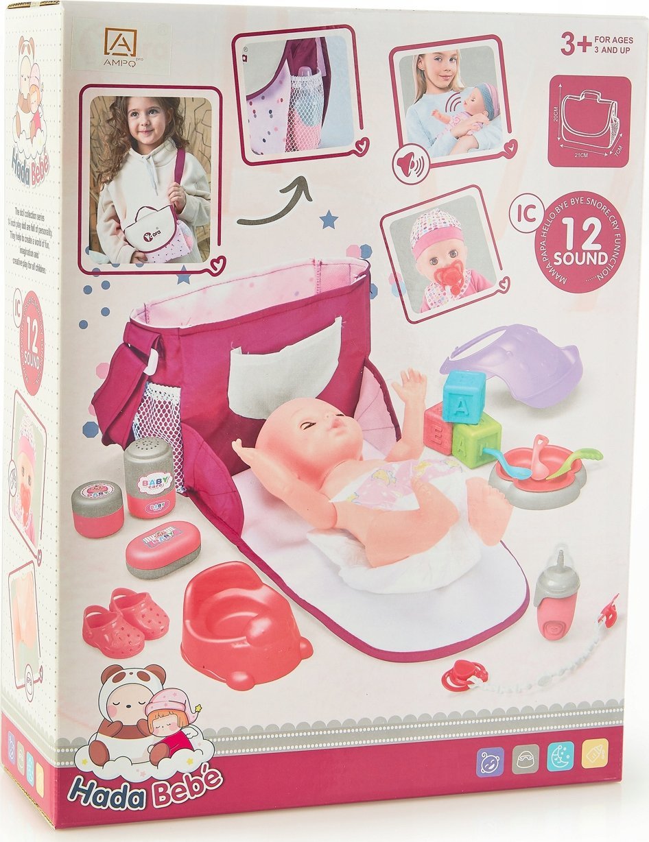 AMPQ Lalka bobas mówiąca z akcesoriami dla niemowlaka i torbą dla małej mamy | Bezpieczne zakupy! Szybka wysyłka! oryginalne, zaplombowane pudełko!