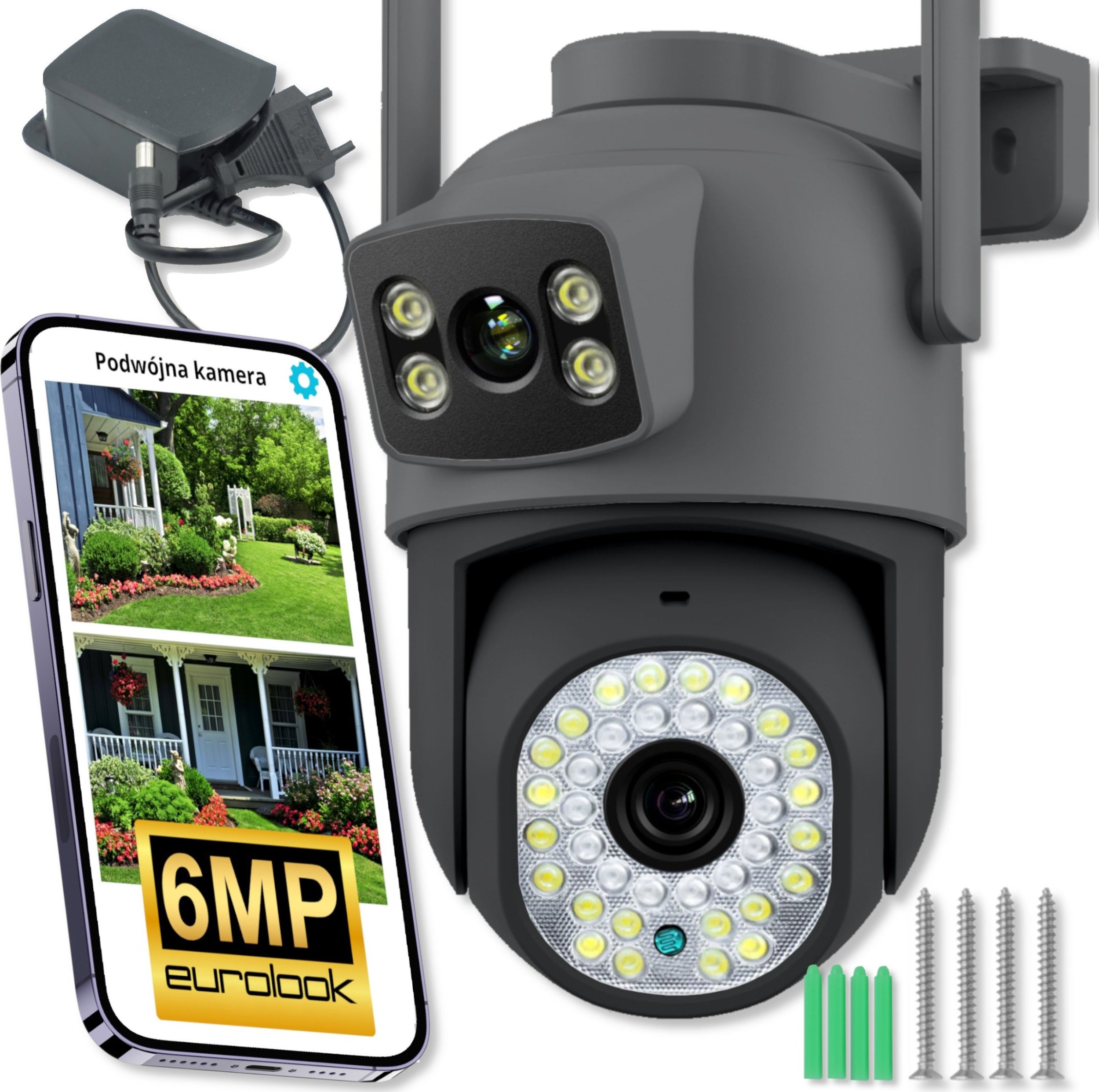 PODWÓJNA KAMERA WIFI IP SMART ZEWNĘTRZNA OBROTOWA 6MPX APLIKACJA ULTRA HD [EUROLOOK K-10 Dual]