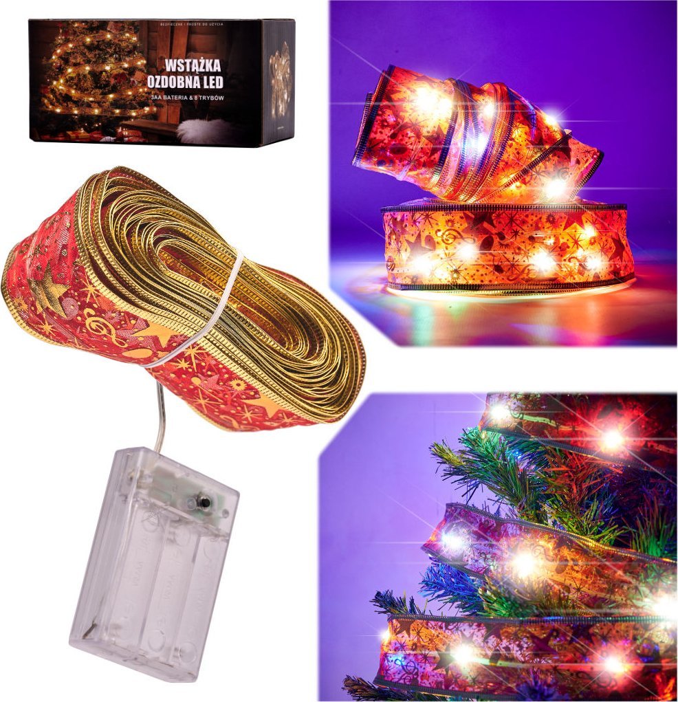 Dekoracja świąteczna KIK Wstążka ozdobna taśma LED 10m 100LED lampki choinkowe ozdoba świąteczna multikolor na baterie