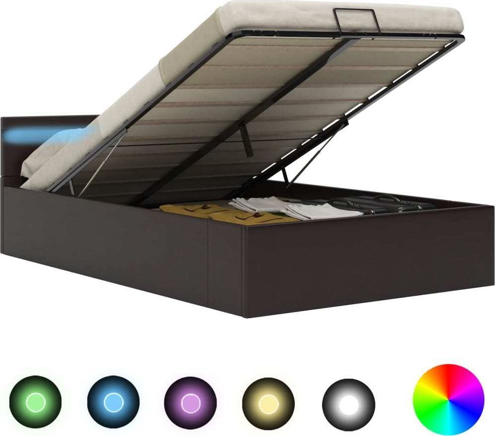 vidaXL Rama łóżka z podnośnikiem i LED, szara, ekoskóra, 140 x 200 cm