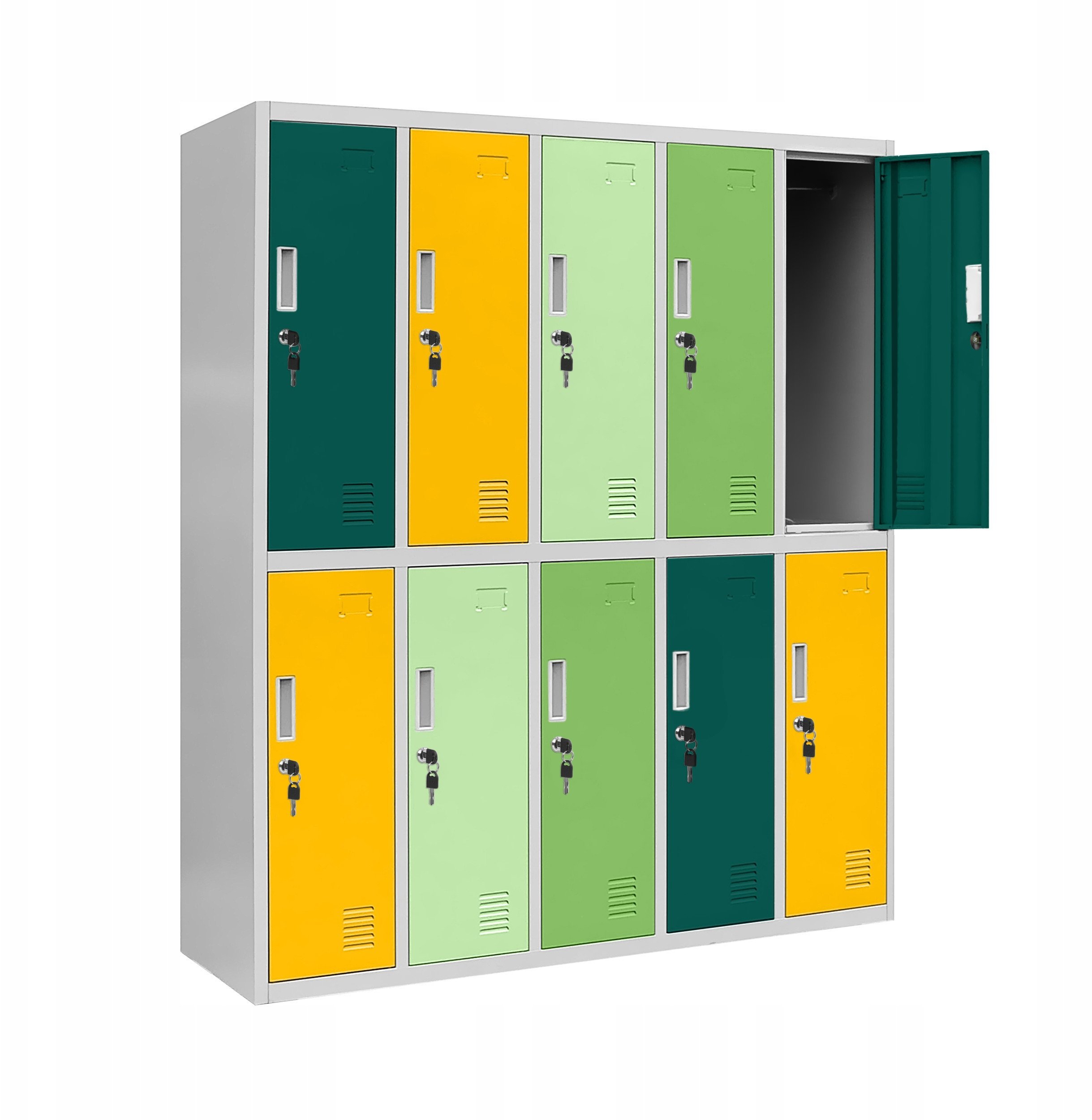 Szafa szkolna BHP ubraniowa 10-drzwiowa BARTUŚ, 1360 x 1500 x 450 mm, szaro-wielokolorowa